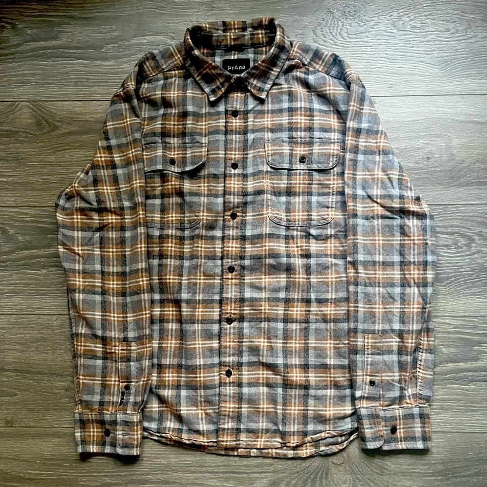 Prana Men’s Gray Orange Plaid Flannel Long Sleeve Fall Button Down Shirt Size M